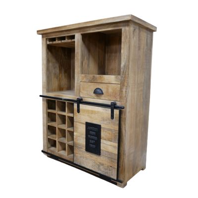 With the character of a well-used workshop piece, the Warehouse Wine Cabinet brings together warm, natural wood and sturdy bl