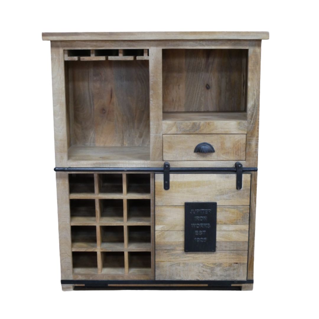 Warehouse Wine Cabinet With the character of a well-used workshop piece, the Warehouse Wine Cabinet brings together warm, natural wood and sturdy bl