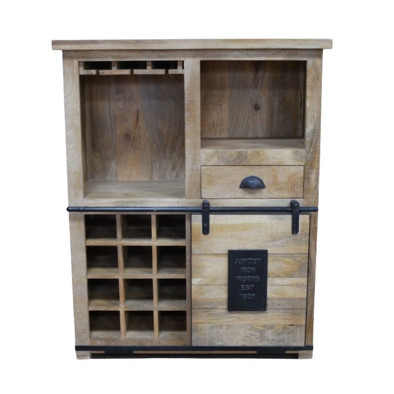 With the character of a well-used workshop piece, the Warehouse Wine Cabinet brings together warm, natural wood and sturdy bl