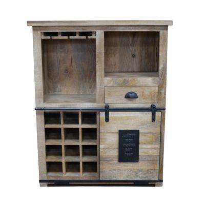 With the character of a well-used workshop piece, the Warehouse Wine Cabinet brings together warm, natural wood and sturdy bl