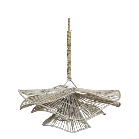 Natural rattan flower pendant light shade with layered curved petals, open woven strands and a long wrapped hanging stem.