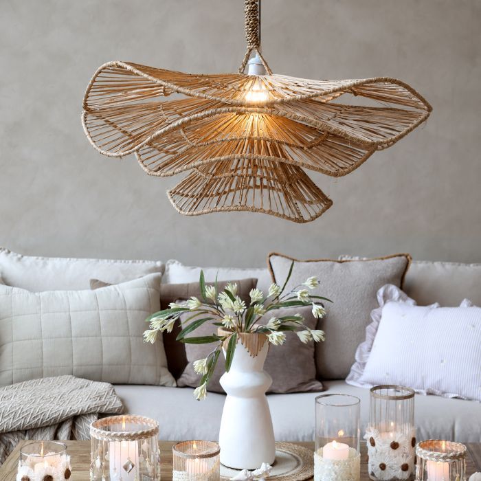 Natural rattan flower pendant light shade with layered curved petals, open woven strands and a long wrapped hanging stem.