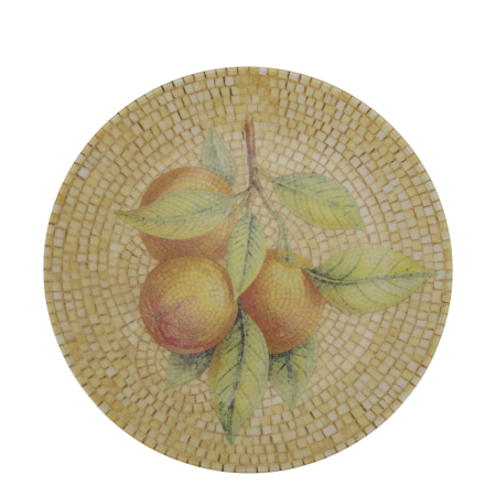 Round Chartres mosaic tray with golden oranges, sage green leaves and concentric honey, cream and ivory tiles.