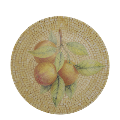 Round Chartres mosaic tray with golden oranges, sage green leaves and concentric honey, cream and ivory tiles.