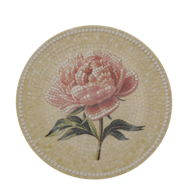 Round Chartres mosaic tray with a blush pink peony, dark green leaves, cream and yellow tiles and a white beaded border.