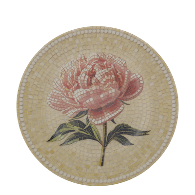 Round Chartres mosaic tray with a blush pink peony, dark green leaves, cream and yellow tiles and a white beaded border.