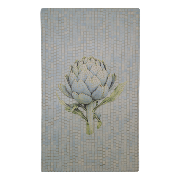 Chartres rectangular mosaic-style tray with a blue and green botanical artichoke illustration on a pale blue tiled background