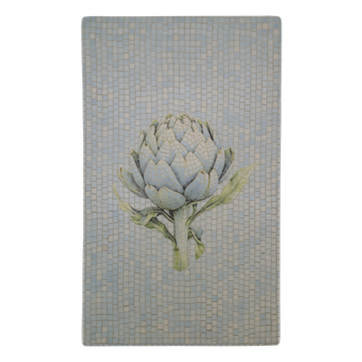 Chartres Artichoke Mosaic Tray – Soft Blue Chartres rectangular mosaic-style tray with a blue and green botanical artichoke illustration on a pale blue tiled background