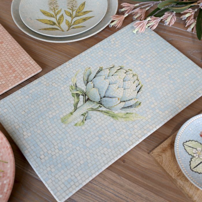 Chartres rectangular mosaic-style tray with a blue and green botanical artichoke illustration on a pale blue tiled background