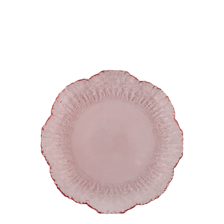 Blush pink glass flower bowl with softly scalloped edges, intricate rippled texture and a smooth, rounded centre.