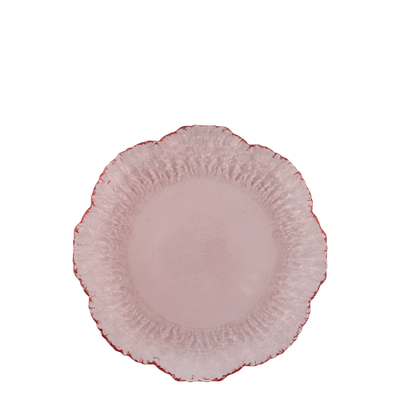 Blush Pink Textured Glass Flower Plate - Set of Six Blush pink glass flower bowl with softly scalloped edges, intricate rippled texture and a smooth, rounded centre.