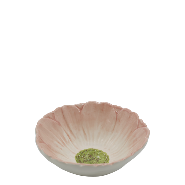 Blush pink ceramic daisy bowl with sculpted petals, a creamy white interior, textured green centre and glossy finish.