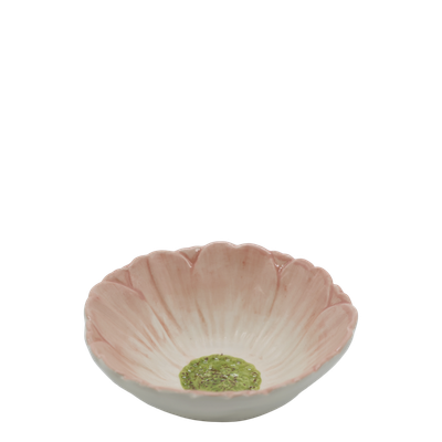 Blush pink ceramic daisy bowl with sculpted petals, a creamy white interior, textured green centre and glossy finish.