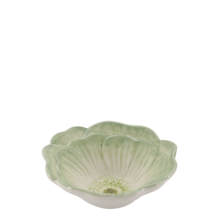 Botanical Flower Ceramic Bowl – Sage Green - Set of Six Sage green ceramic flower bowl with softly curved petals, delicate raised stamens and a glossy white centre.