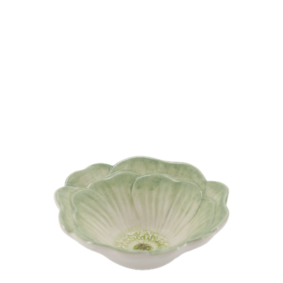 Botanical Flower Ceramic Bowl – Sage Green - Set of Six Sage green ceramic flower bowl with softly curved petals, delicate raised stamens and a glossy white centre.