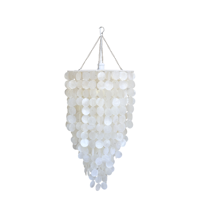 Pearl white seashell chandelier with cascading circular shell discs, tapered silhouette and natural rope suspension.