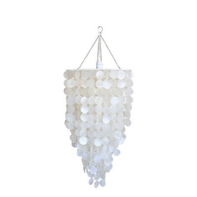 Pearl white seashell chandelier with cascading circular shell discs, tapered silhouette and natural rope suspension.