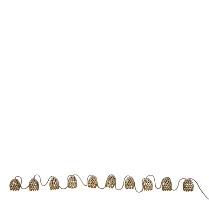 Rustic woven willow hanging garden decorations with tapered open latticework, suspended by natural rope from tree branches.