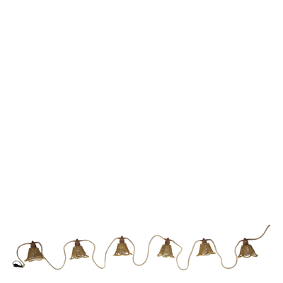 Natural rattan bell-shaped garden string lights with open woven shades, visible bulbs and rope-style cable hanging in a tree.