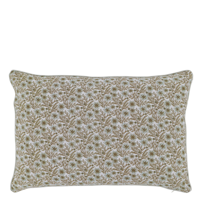 Rectangular ivory cushion with delicate sky blue flowers, intricate mocca foliage and a traditional botanical pattern.