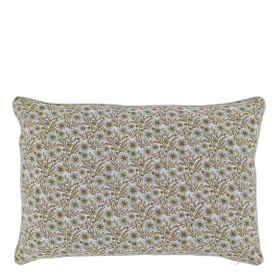 Rectangular ivory cushion with delicate sky blue flowers, intricate mocca foliage and a traditional botanical pattern.