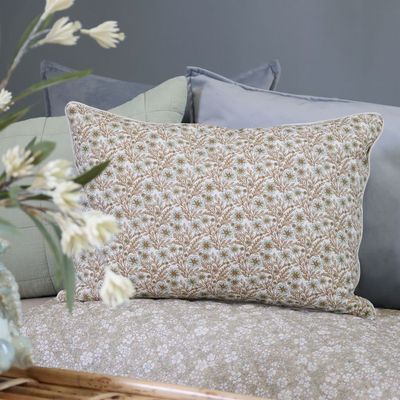 Rectangular ivory cushion with delicate sky blue flowers, intricate mocca foliage and a traditional botanical pattern.