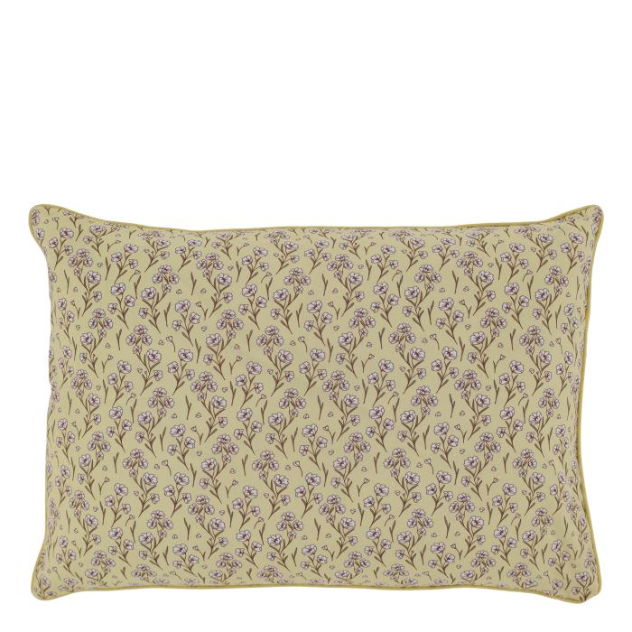 Rectangular melon yellow cushion with delicate mocca floral stems, tiny ivory blossoms and matching piped edges.