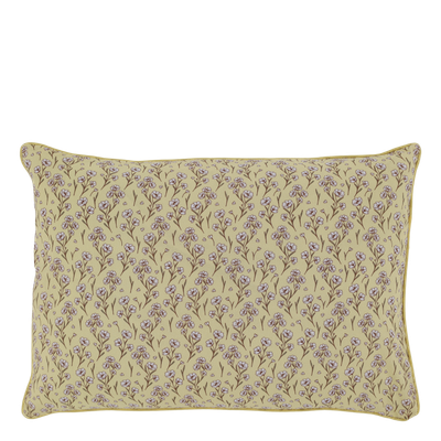Rectangular melon yellow cushion with delicate mocca floral stems, tiny ivory blossoms and matching piped edges.