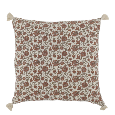 Square cream cushion with mocca floral patterns, contrasting botanical designs on each side and cream corner tassels.