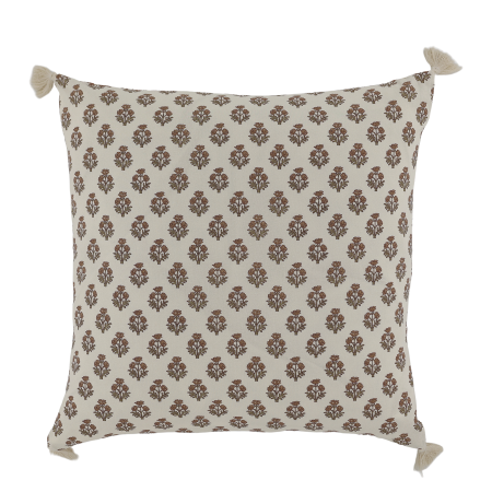 Square cream cushion with mocca floral patterns, contrasting botanical designs on each side and cream corner tassels.