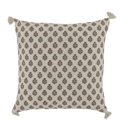 Square cream cushion with mocca floral patterns, contrasting botanical designs on each side and cream corner tassels.