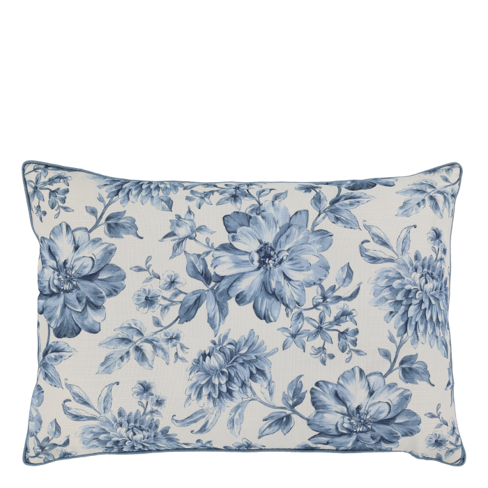 Rectangular ivory cushion featuring delicate blue floral blooms, trailing leaves and stems, finished with blue piped edges.