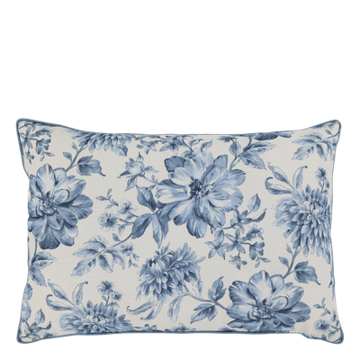Rectangular ivory cushion featuring delicate blue floral blooms, trailing leaves and stems, finished with blue piped edges.