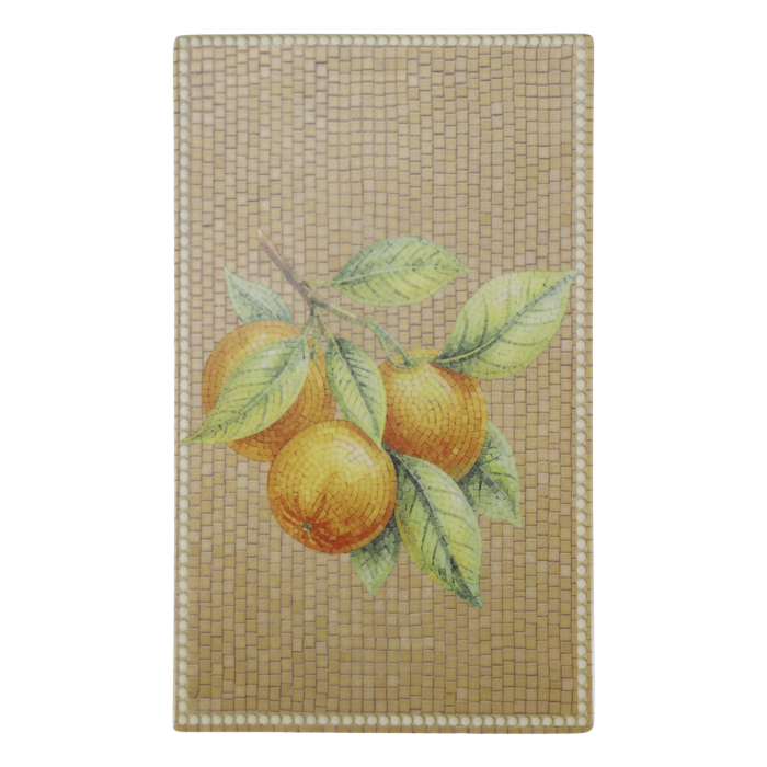 Rectangular Chartres mosaic tray with golden oranges, green leaves, warm honey tiles and a delicate ivory beaded border.