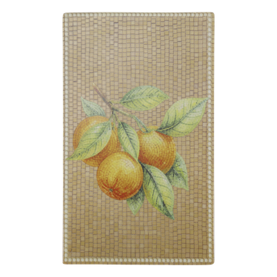 Rectangular Chartres mosaic tray with golden oranges, green leaves, warm honey tiles and a delicate ivory beaded border.