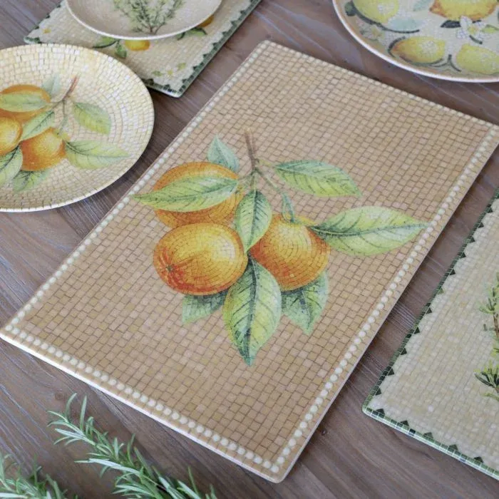 Rectangular Chartres mosaic tray with golden oranges, green leaves, warm honey tiles and a delicate ivory beaded border.