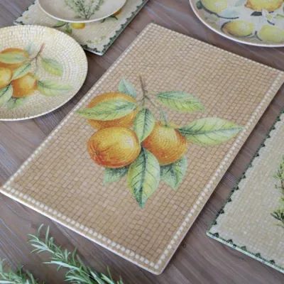 Rectangular Chartres mosaic tray with golden oranges, green leaves, warm honey tiles and a delicate ivory beaded border.