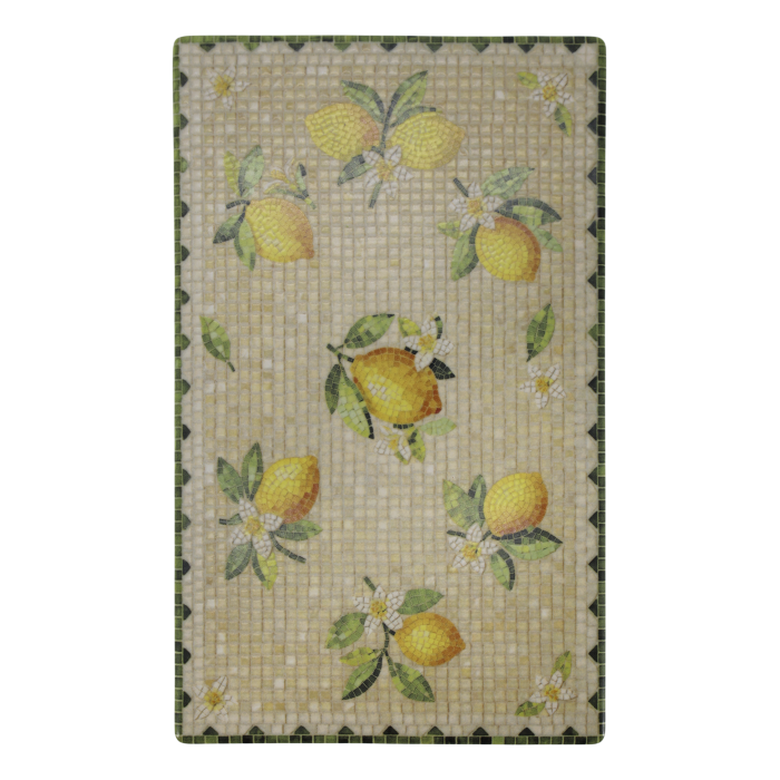 Chartres Lemon Mosaic Tray Rectangular Chartres mosaic tray with yellow lemons, white citrus blossoms, green leaves and a cream tiled background.