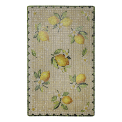 Rectangular Chartres mosaic tray with yellow lemons, white citrus blossoms, green leaves and a cream tiled background.