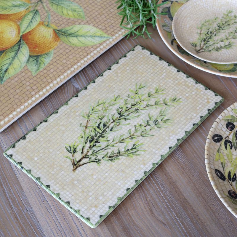 Rectangular Chartres mosaic tray with green olive branches, cream tiled background and dark green geometric border.
