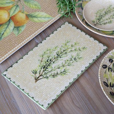 Rectangular Chartres mosaic tray with green olive branches, cream tiled background and dark green geometric border.