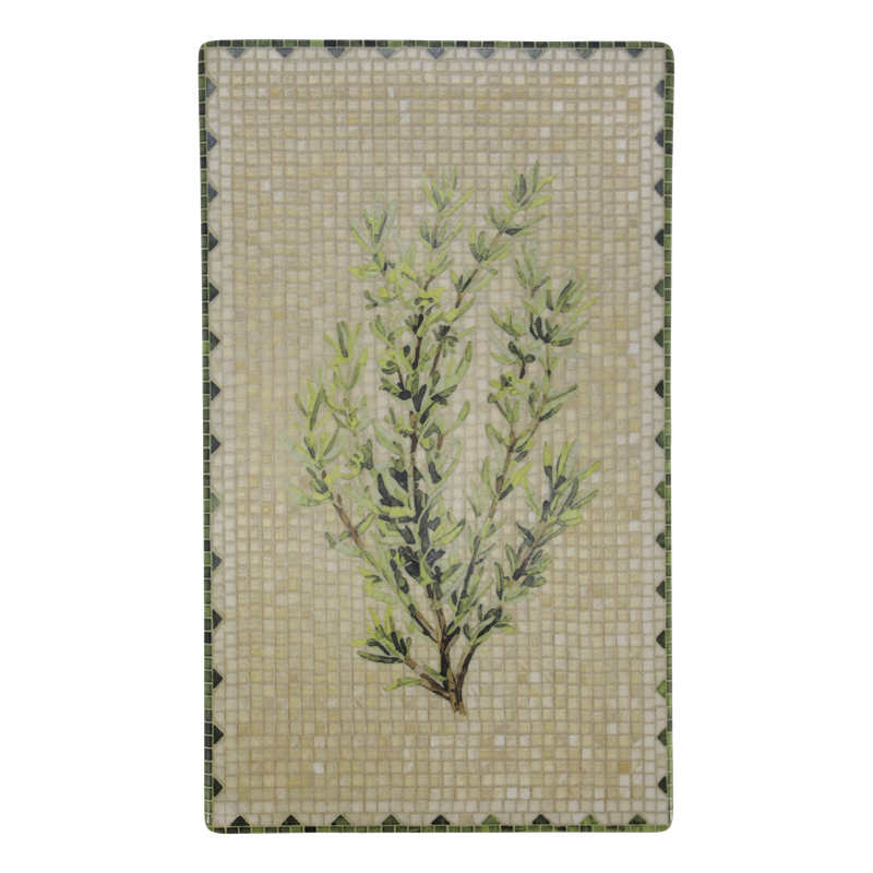 Rectangular Chartres mosaic tray with green olive branches, cream tiled background and dark green geometric border.