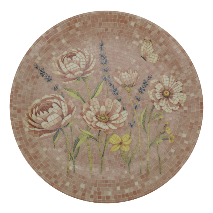Round Chartres mosaic tray with pink and cream flowers, lavender sprigs, a butterfly and warm blush pink tiled background.