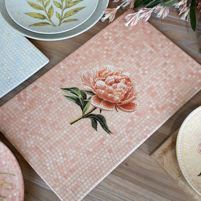 Rectangular Chartres mosaic tray with a blush pink peony, dark green leaves and warm peach, cream and ivory tiled background.