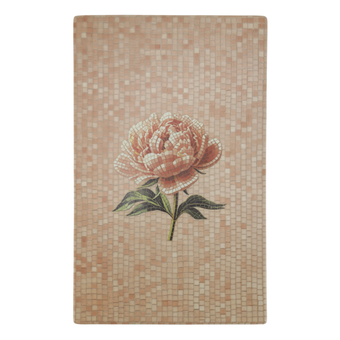 Rectangular Chartres mosaic tray with a blush pink peony, dark green leaves and warm peach, cream and ivory tiled background.