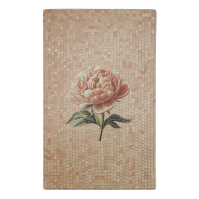 Chartres Peony Mosaic Tray – Blush Pink Rectangular Chartres mosaic tray with a blush pink peony, dark green leaves and warm peach, cream and ivory tiled background.