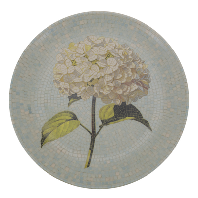 Chartres Hydrangea Mosaic Plate - Set of Two Round Chartres mosaic tray with an ivory hydrangea flower, green leaves and delicate pale blue and cream tiled background.