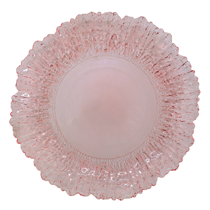 Blush pink decorative glass plate with a smooth circular centre, intricate rippled border and softly scalloped edges.