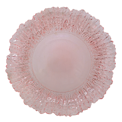 Blush Pink Textured Glass Decorative Plate - Set of Six Blush pink decorative glass plate with a smooth circular centre, intricate rippled border and softly scalloped edges.