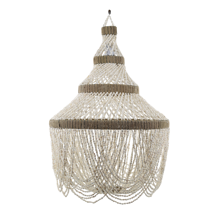 Ivory seashell and pearl tiered chandelier with iron frame, natural bands, intricate detailing and scalloped strands.